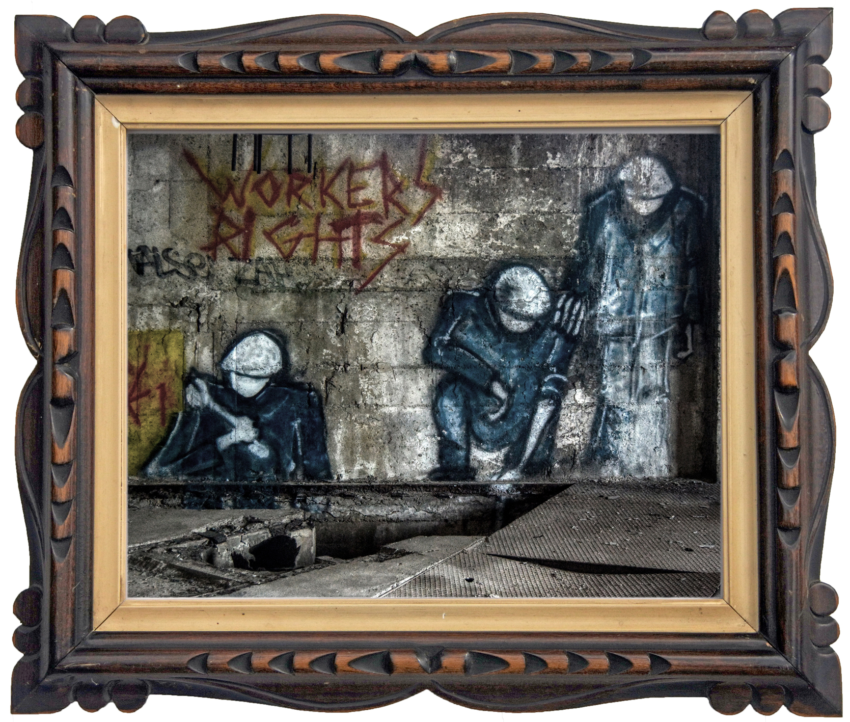 Graffiti bij een verlaten metaalwalserij met roestende machines en vervormd metaal.